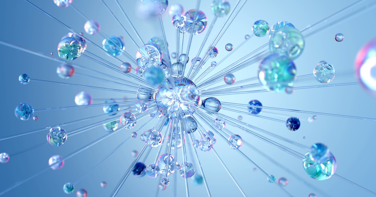 Visualização abstrata de esferas conectadas representando inteligência artificial e automação de campanhas