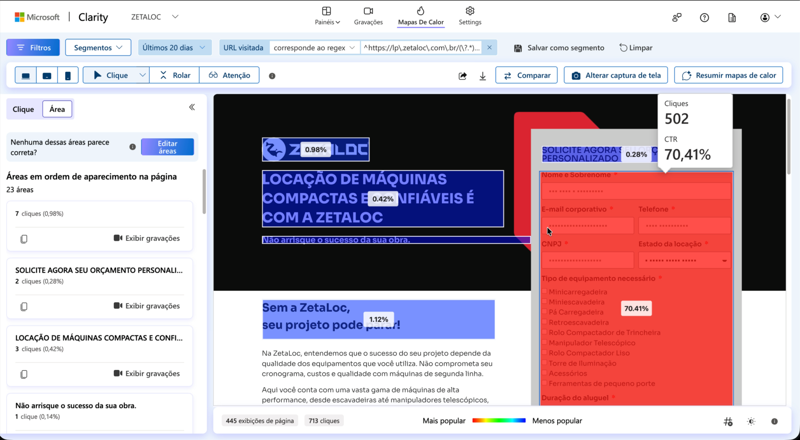 Mapa de área de uma landing page no Microsoft Clarity mostrando 23 áreas rastreadas, com a sidebar do formulário concentrando a maior parte das interações enquanto blocos de copy aparecem com menos de 1%