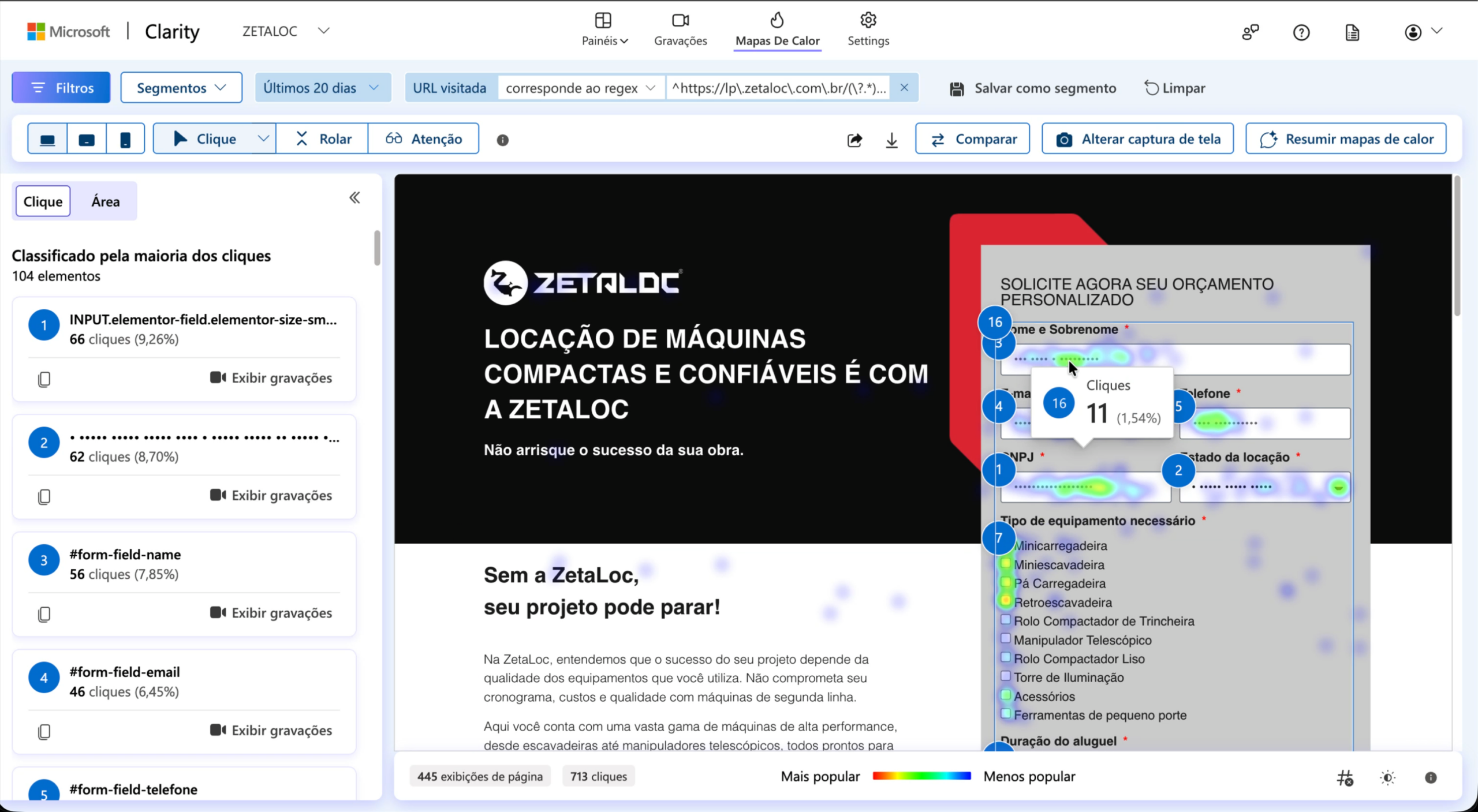 Mapa de calor de cliques em landing page real exibido no painel da Microsoft Clarity, com manchas indicando concentração de toques nos campos do formulário e ranqueamento dos elementos mais clicados na coluna lateral