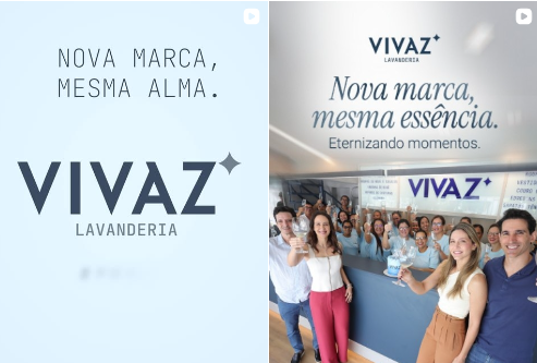 Composição visual mostrando a nova marca da Vivaz Lavanderia ao lado da equipe, com o mote 'Nova marca, mesma essência'