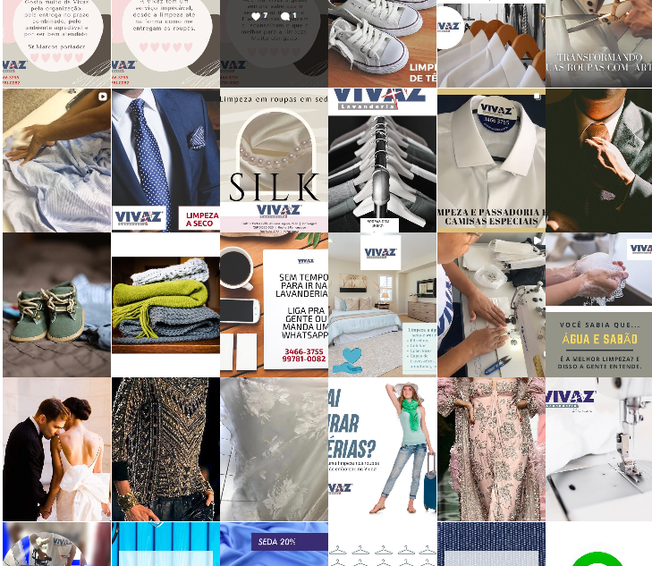 Grade do feed do Instagram da Vivaz Lavanderia antes do reposicionamento, com mosaico denso de produtos sem rosto humano e sem identidade visual coesa