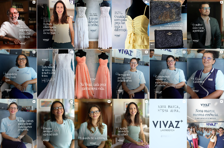 Grade do feed do Instagram da Vivaz Lavanderia após o reposicionamento, com presença consistente de clientes reais segurando peças cuidadas e identidade visual coesa