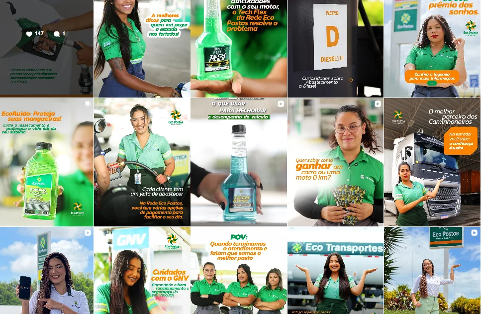 Grade do feed do Instagram da Rede Eco Postos após o reposicionamento, com paleta, tipografia e estilo fotográfico coerentes entre todas as peças e identidade alinhada à bandeira da rede