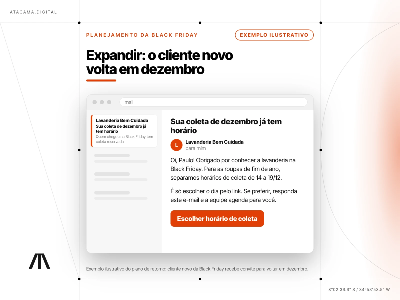 Mockup de e-mail de uma lavanderia fictícia para um cliente que chegou na Black Friday, convidando para agendar a coleta de roupas de 14 a 19/12